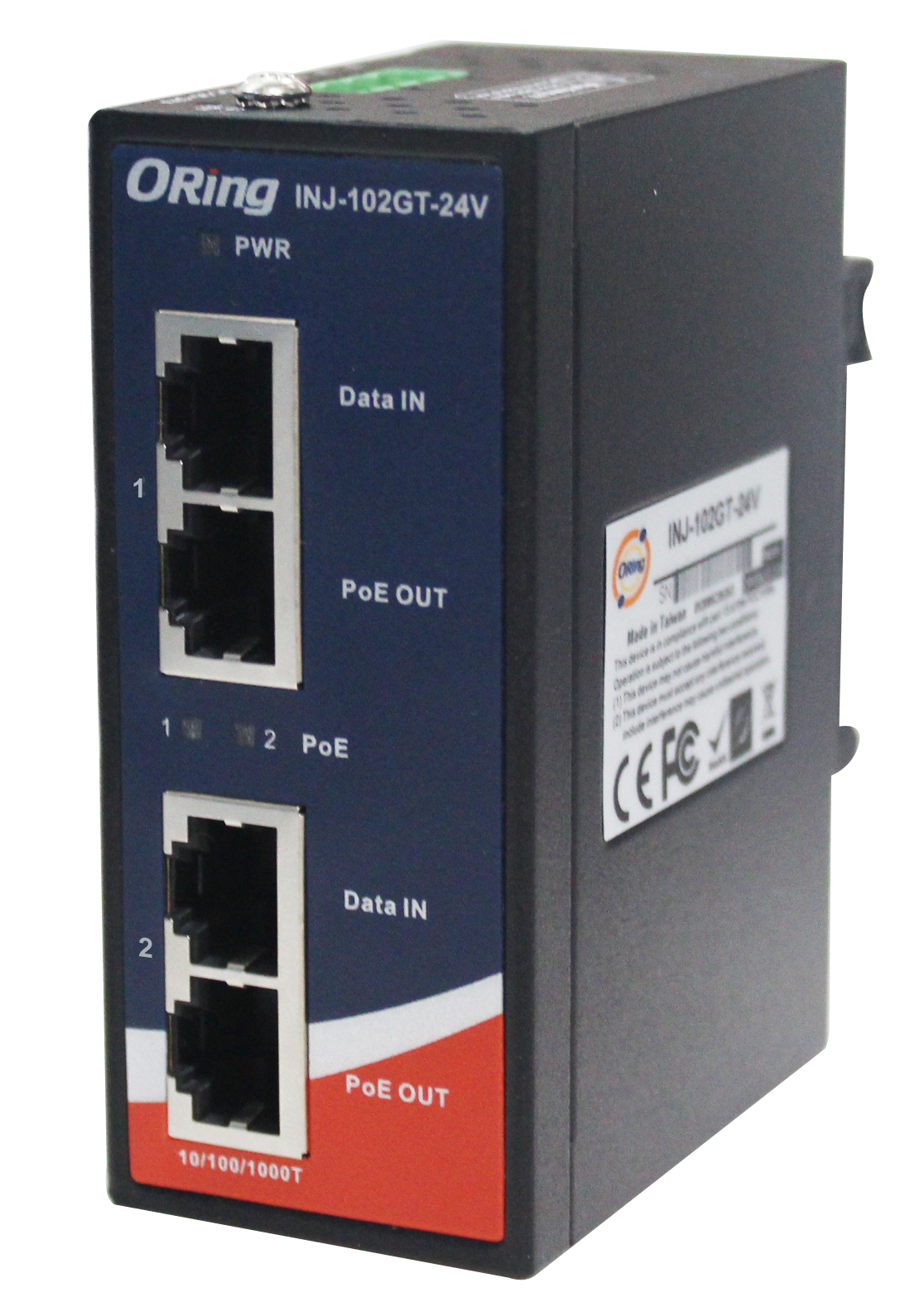 PoE Power Injector 2*1000TX 2*port@30W IP30 12..36VDCin slim