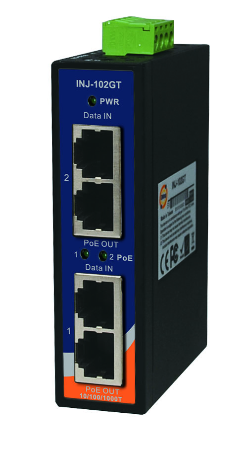 PoE Power Injector 2*1000TX 2*port@30W 50VDCin IP30 slim