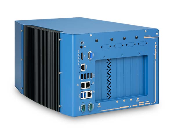 Rugged edge AI computer for dual 350W NVIDIA RTX GPUs and Intel 14th Gen Core CPUs.