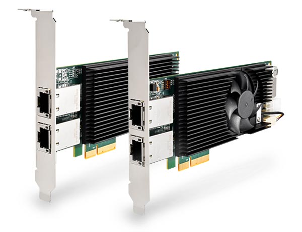 Fanless dual-port 10GbE PCIe adapter with RoCEv2 for wide-temperature operation.