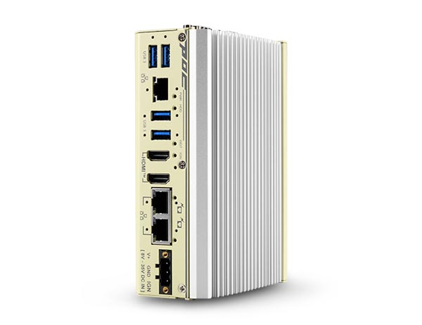 DIN-rail fanless PC with Atom x7425E, three 2.5GbE ports and four USB 3.2 ports.